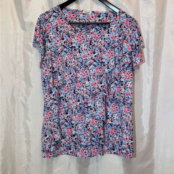 Westport Pink & Blue Floral Ruffle Sleeve Blouse | Size Large - Picture 1 of 8